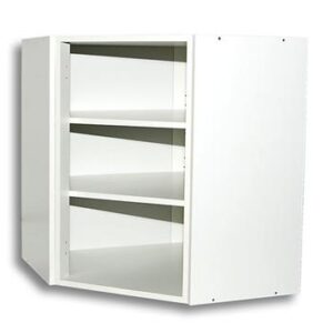 Yläkulmakaappi, matala, valkoinen, keittiö- tai kylpyhuoneen säilytys.