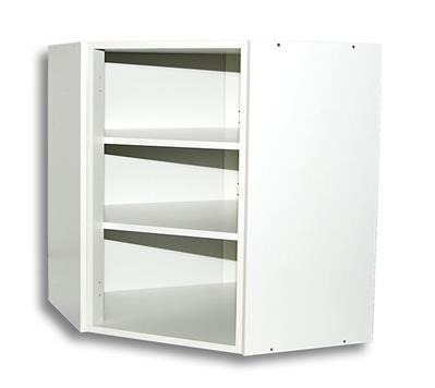 Yläkulmakaappi, matala, valkoinen, keittiö- tai kylpyhuoneen säilytys.