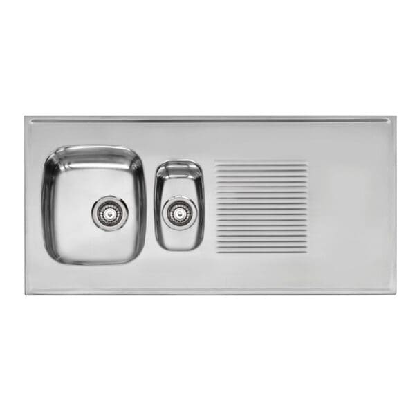 Ruostumaton teräsallas ja tason reuna, moderni keittiöallas.