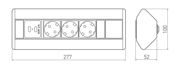 Välitilan pistorasia 3xSchuko + 2xUSB RM